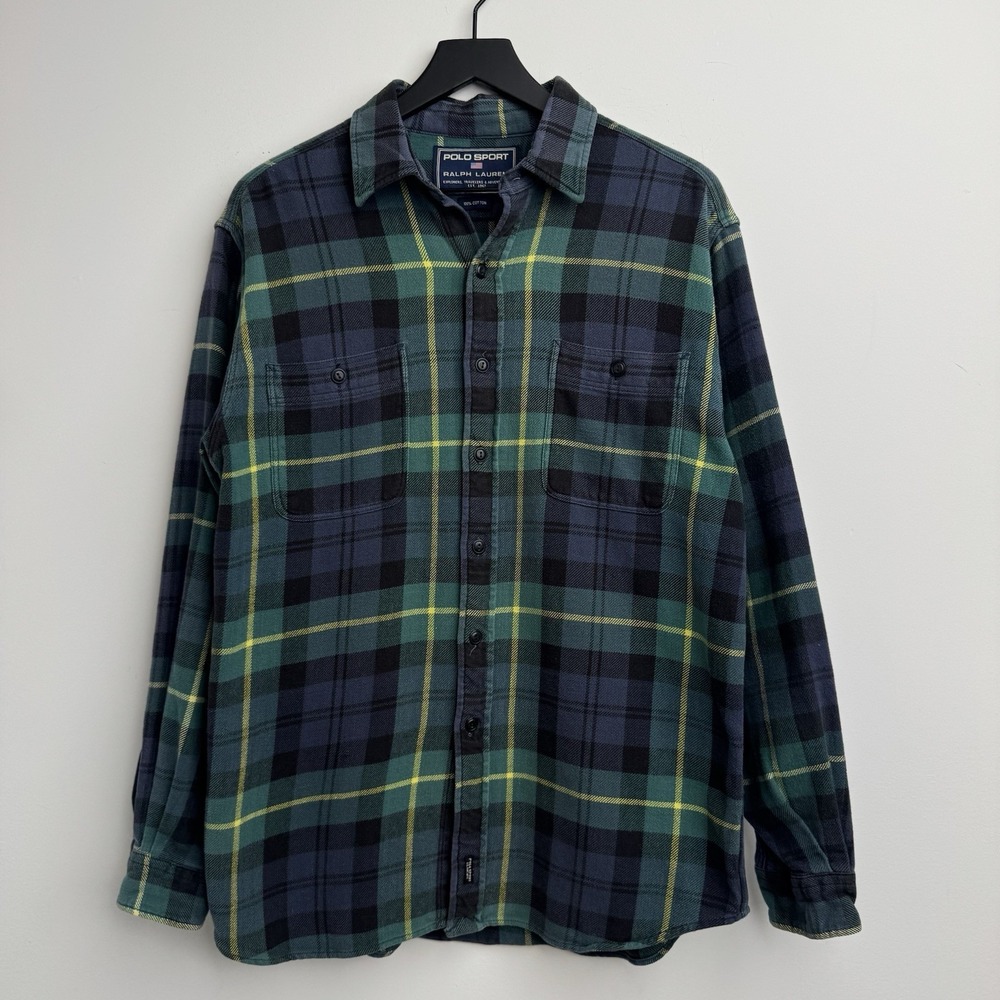 Polo Sport Ralph Lauren Flannel Shirt Mens M Green Plaid Heavy Cotton Work Wear